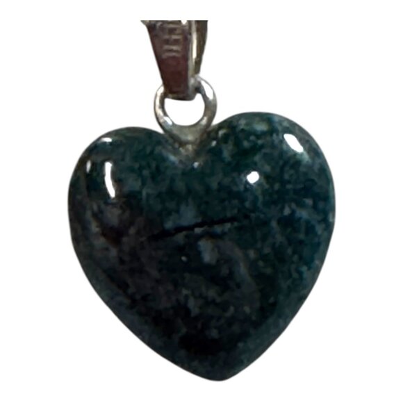 Sterling Silver Heart-Shaped Moss Green Agate Pendant Necklace 18" Italy Vintage - Picture 3 of 10